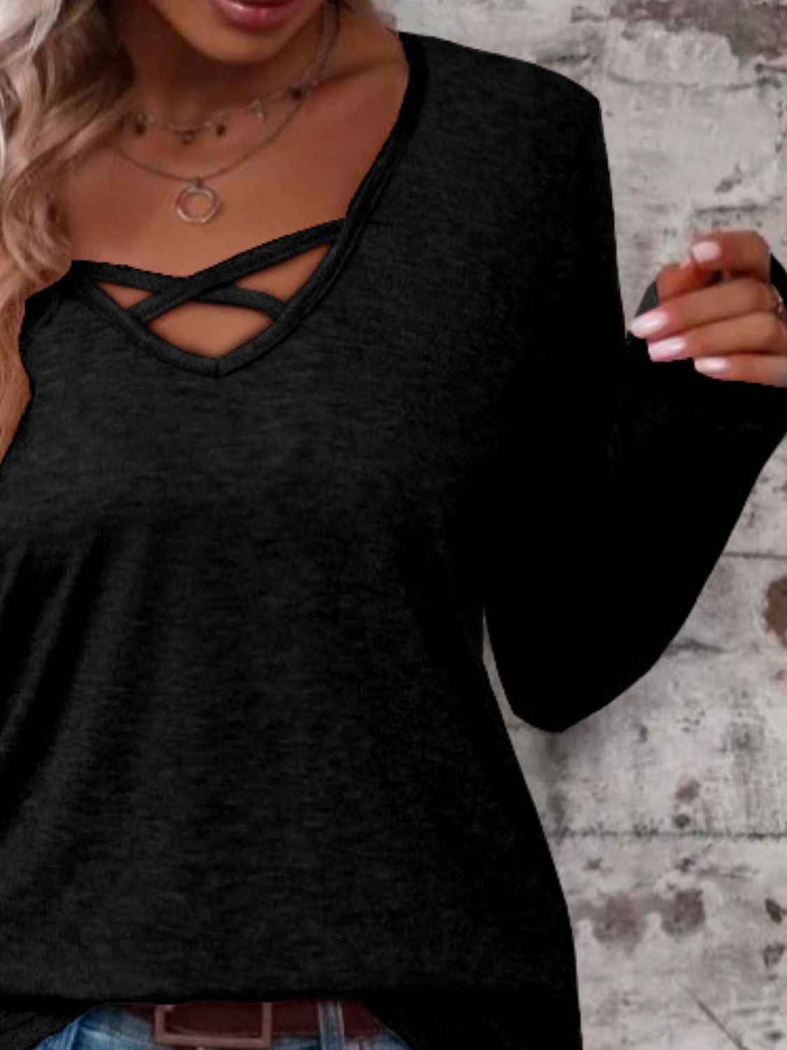 Crisscross V-Neck Long Sleeve T-Shirt - Lojy Shop