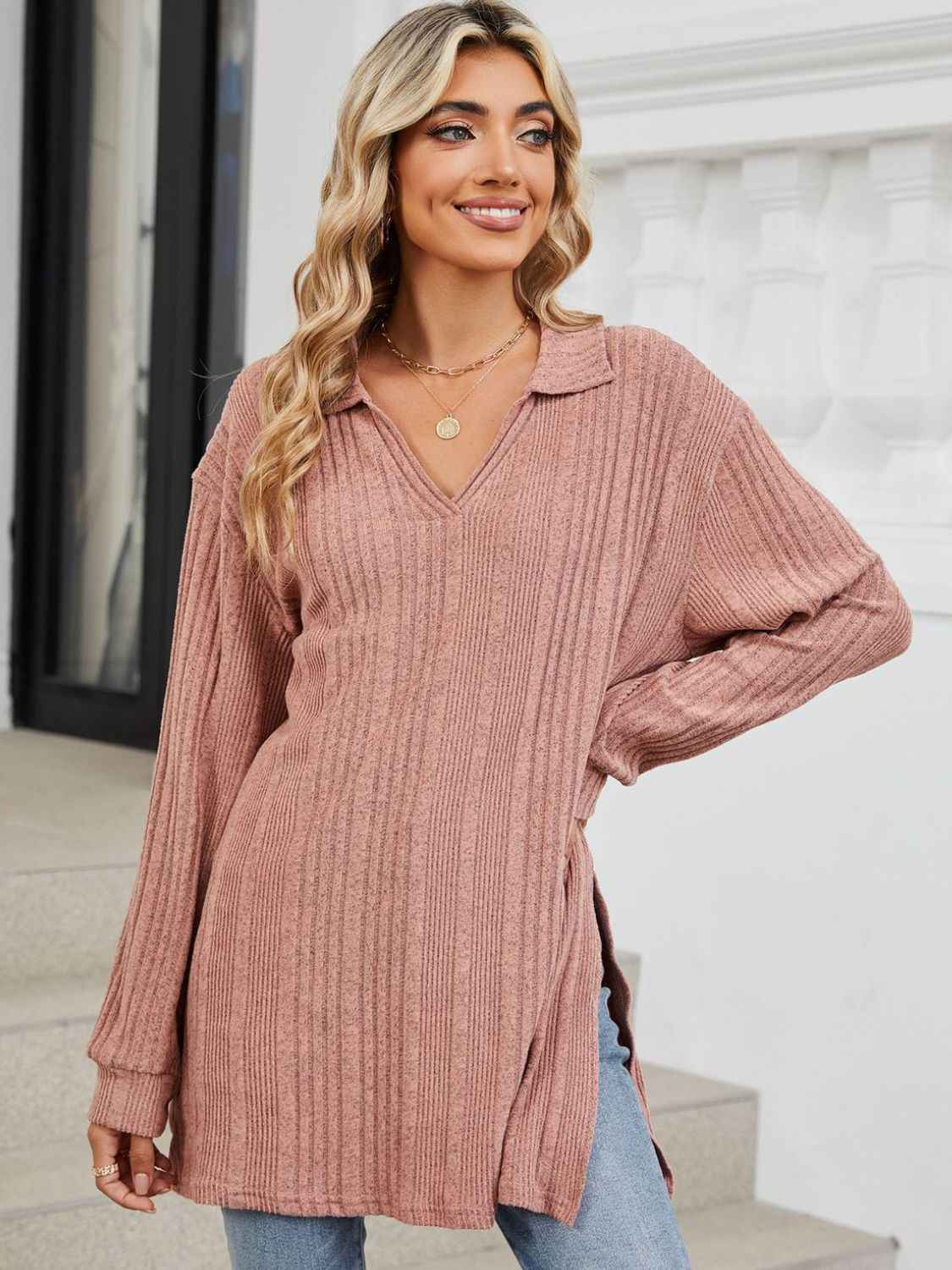 Slit Johnny Collar Long Sleeve T-Shirt - Lojy Shop