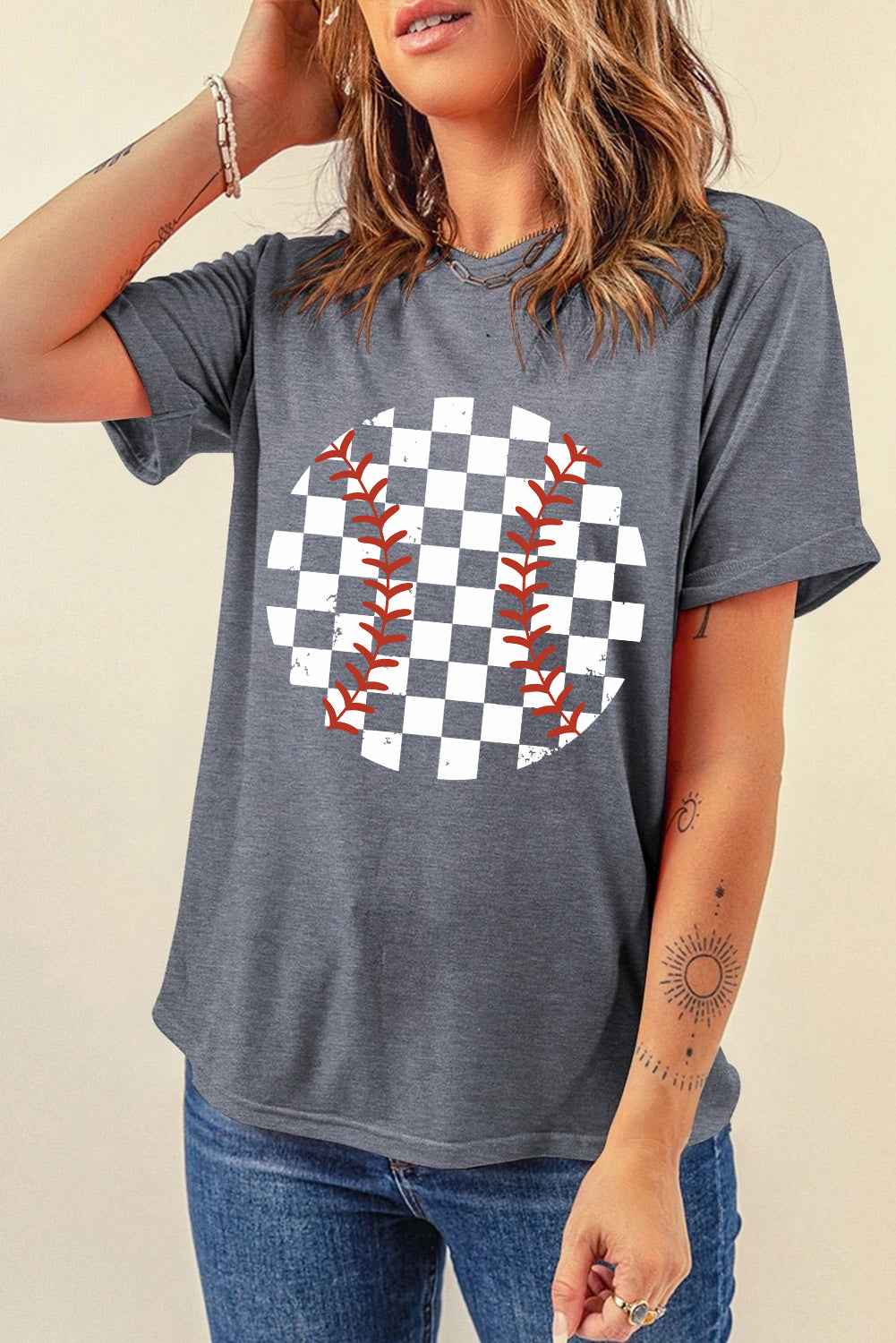 Checkered Graphic Round Neck Short Sleeve T-Shirt - Lojy Shop