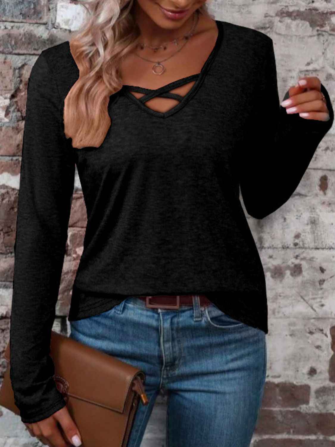 Crisscross V-Neck Long Sleeve T-Shirt - Lojy Shop