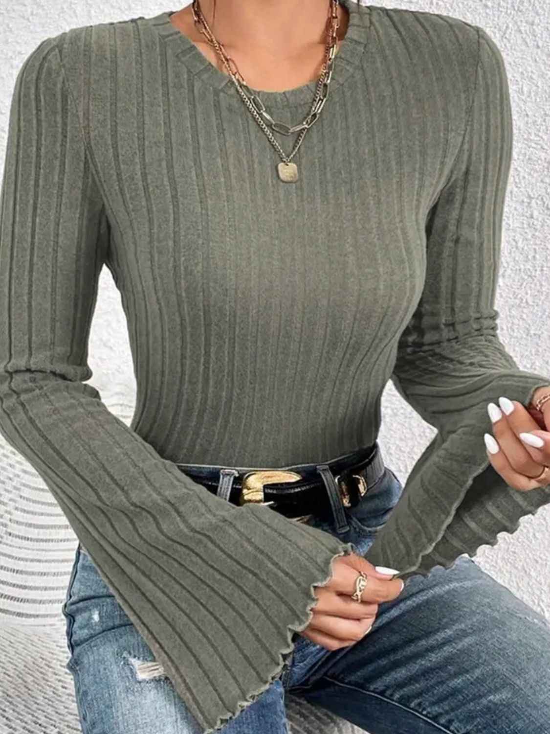 Ribbed Round Neck Flare Sleeve T-Shirt - Lojy Shop