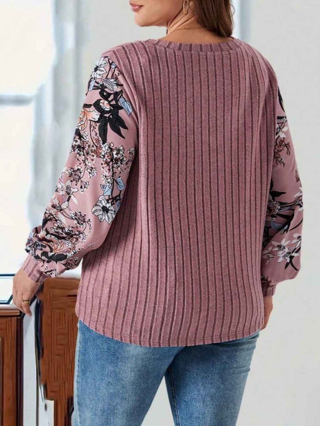 Plus Size Printed V-Neck Long Sleeve T-Shirt - Lojy Shop