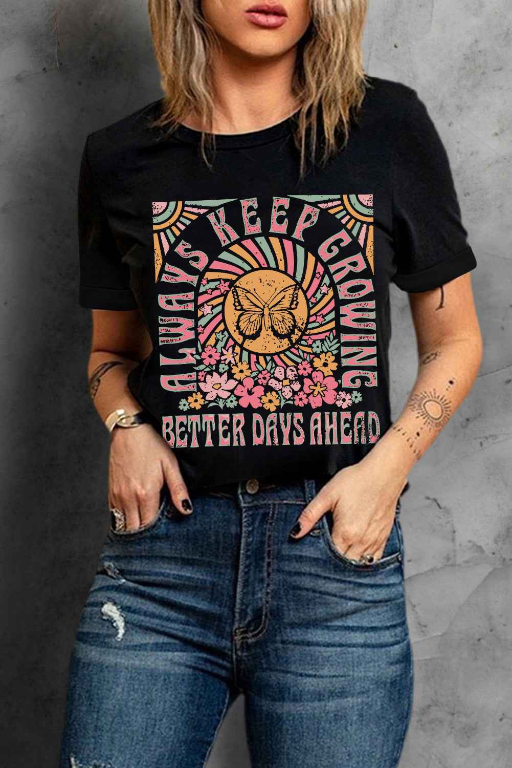 Graphic Round Neck Short Sleeve T-Shirt - Lojy Shop