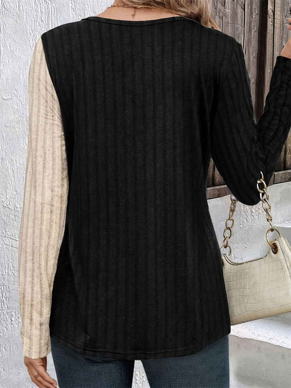 Decorative Button Contrast Round Neck Long Sleeve T-Shirt - Lojy Shop