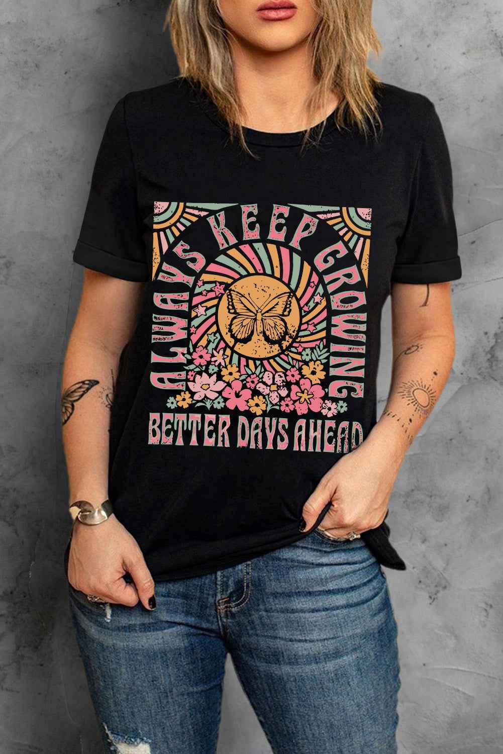 Graphic Round Neck Short Sleeve T-Shirt - Lojy Shop