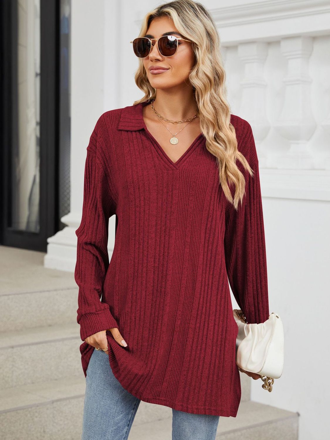 Slit Johnny Collar Long Sleeve T-Shirt - Lojy Shop