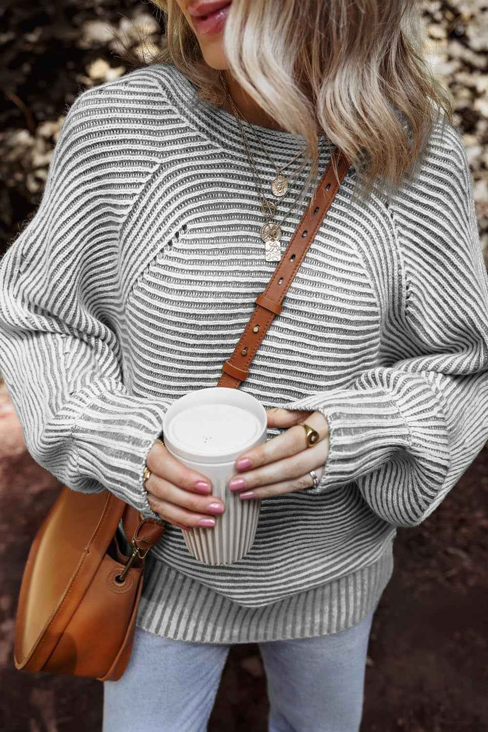 Textured Striped Round Neck Long Sleeve Top - Lojy Shop