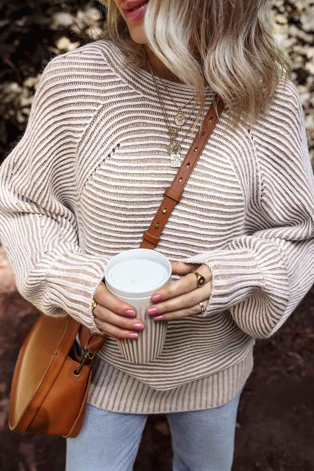 Textured Striped Round Neck Long Sleeve Top - Lojy Shop
