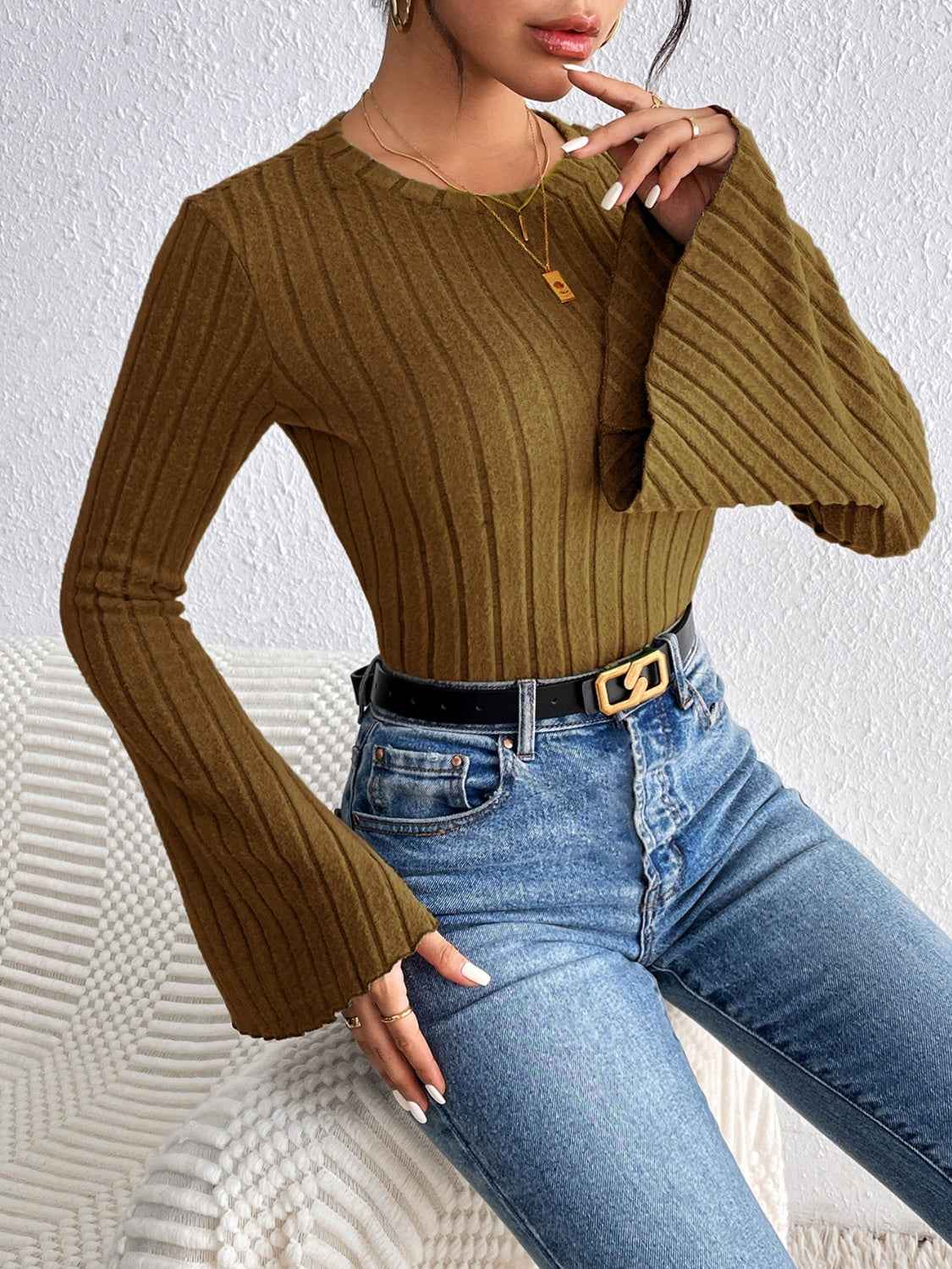 Honey Round Neck Flare Sleeve T-Shirt - Lojy Shop