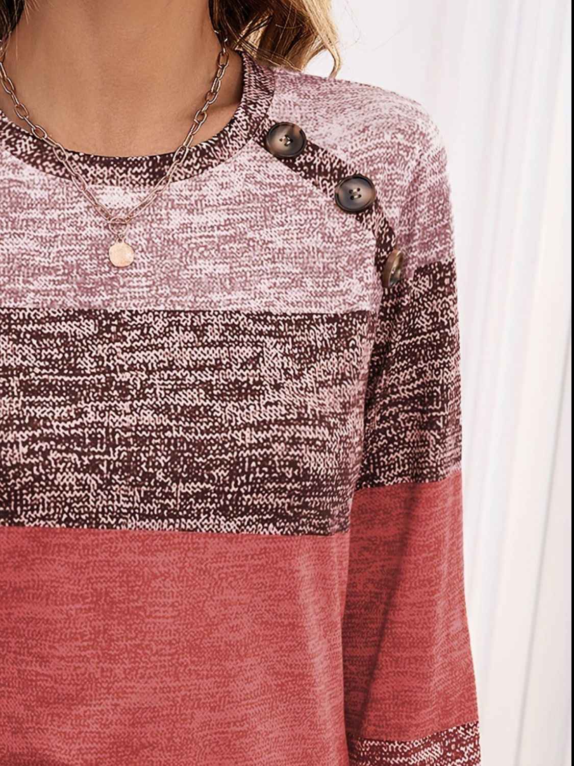 Decorative Button Contrast Round Neck Long Sleeve T-Shirt - Lojy Shop
