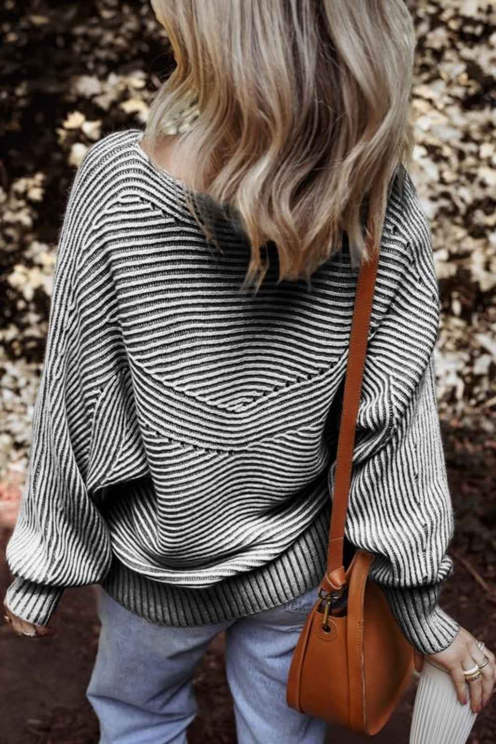 Textured Striped Round Neck Long Sleeve Top - Lojy Shop