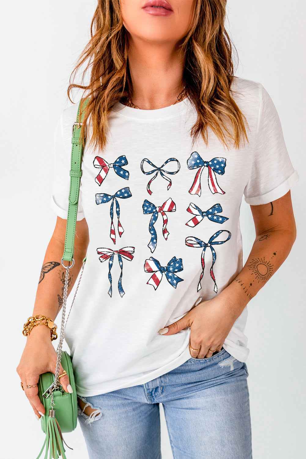 Bow Round Neck Short Sleeve T-Shirt - Lojy Shop