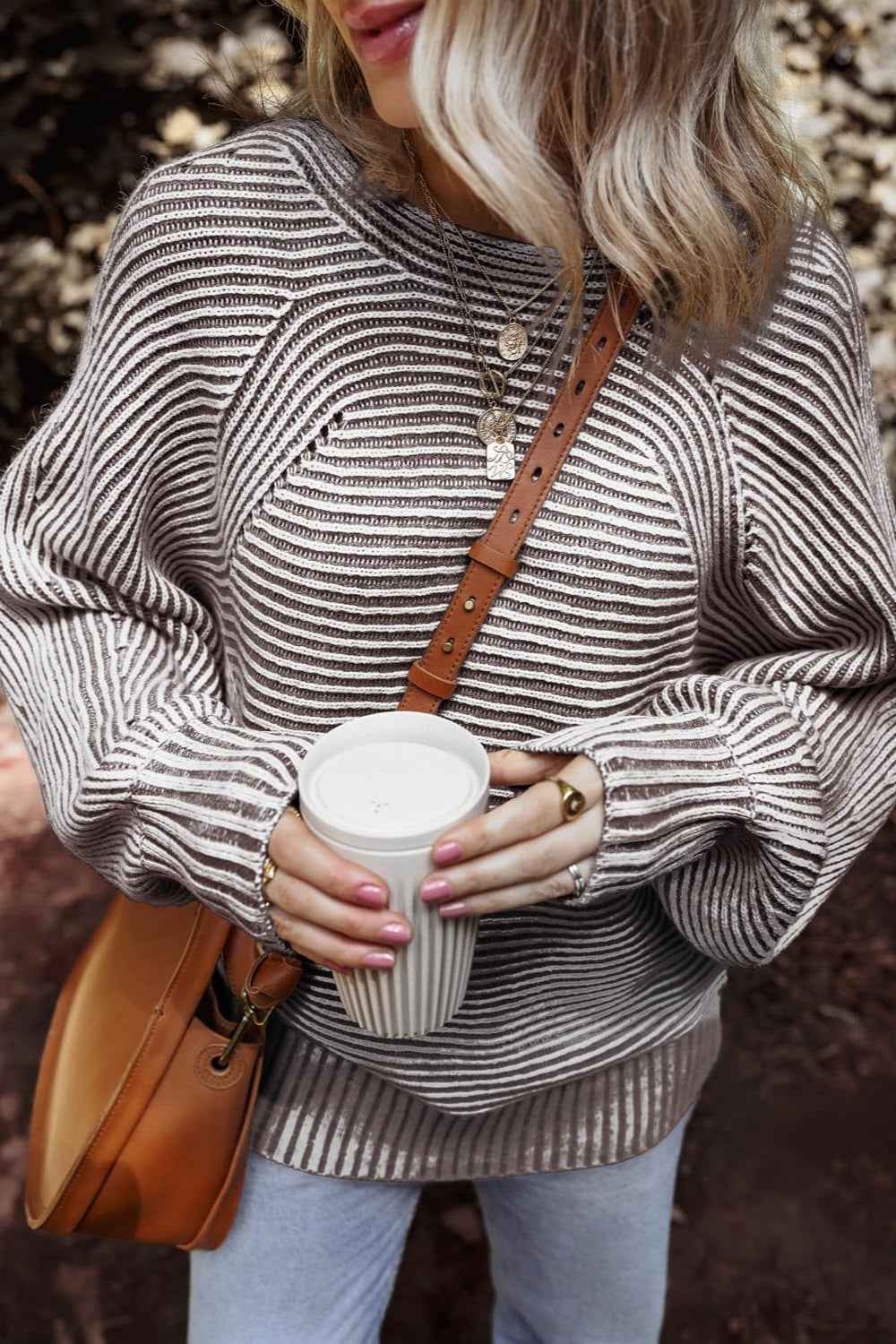 Textured Striped Round Neck Long Sleeve Top - Lojy Shop