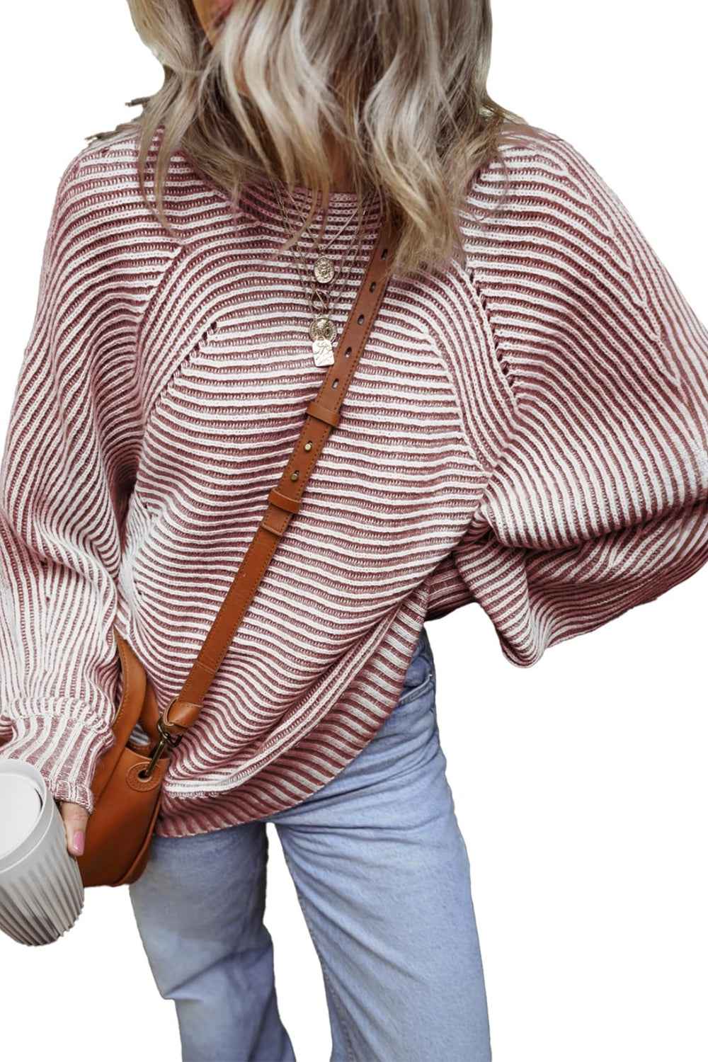 Textured Striped Round Neck Long Sleeve Top - Lojy Shop