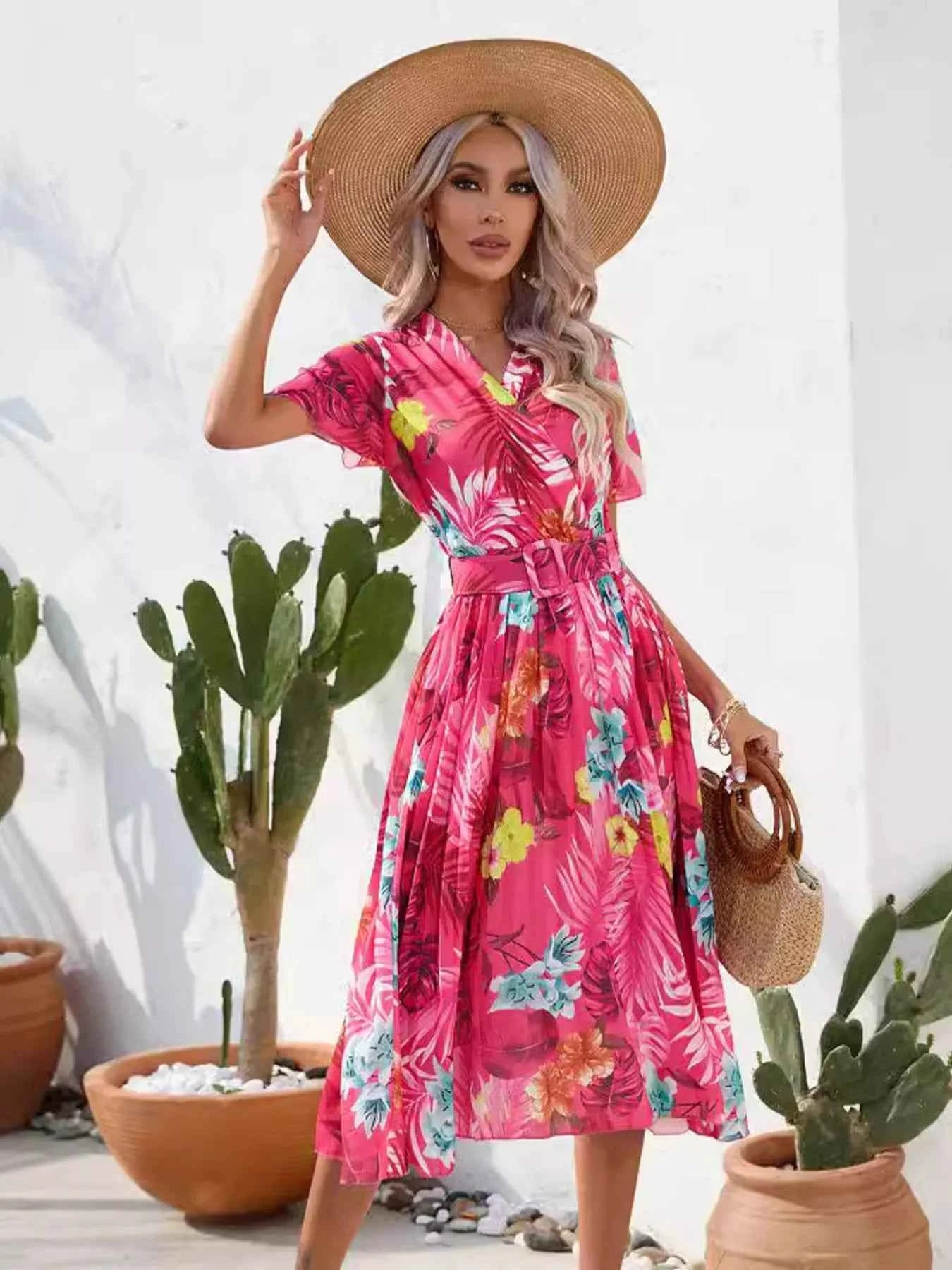 Pleated Tropical Print Belted Midi Dress