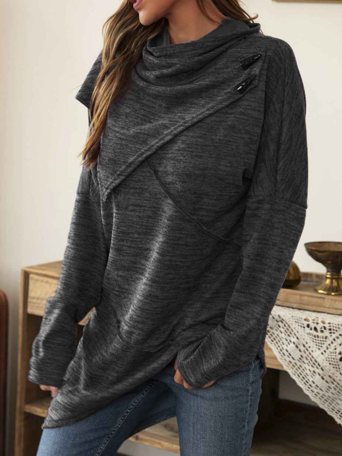 Asymmetrical Hem Cowl Neck Long Sleeve T-Shirt - Lojy Shop
