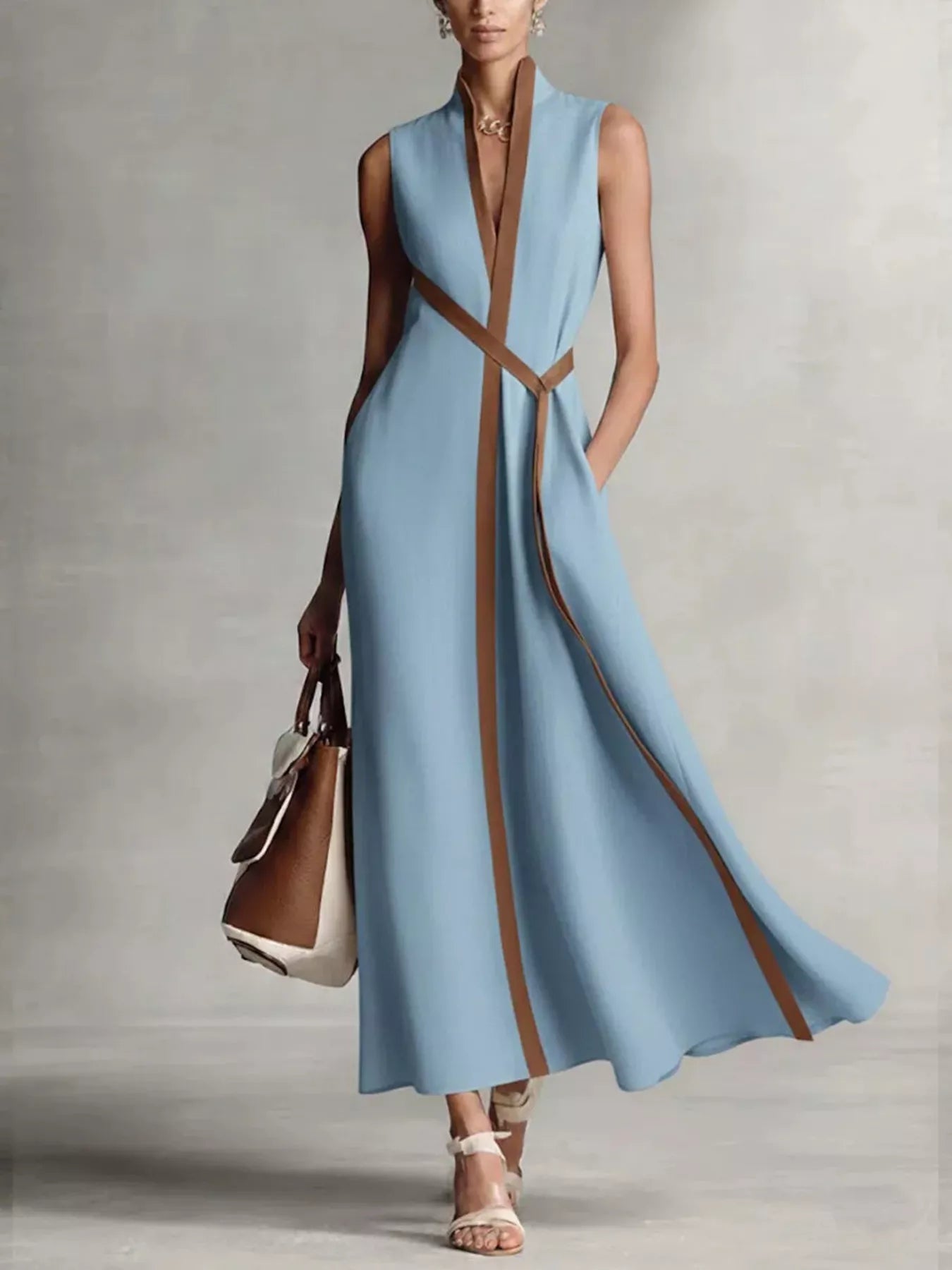 Full Size Contrast Trim Sleeveless Maxi Dress Plus Size