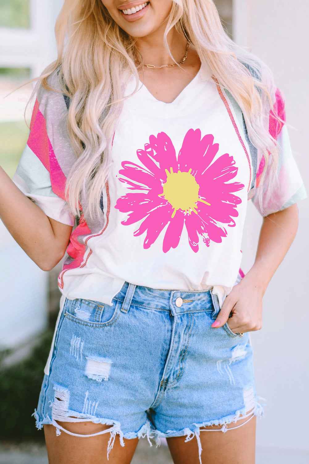 Daisy Graphic V-Neck Half Sleeve T-Shirt - Lojy Shop
