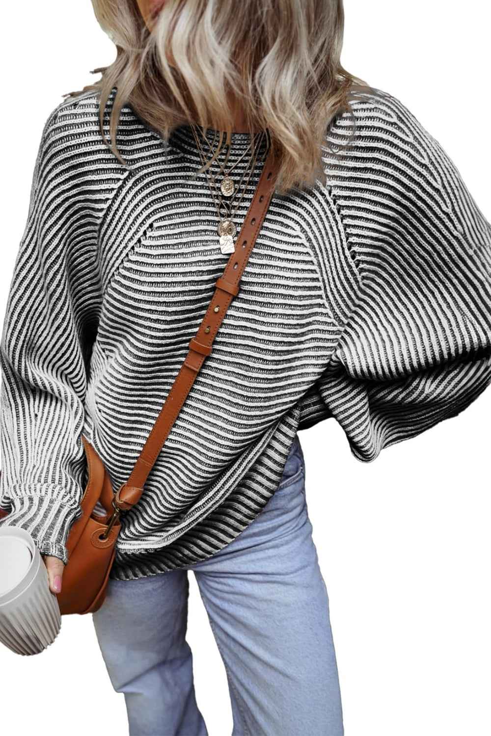 Textured Striped Round Neck Long Sleeve Top - Lojy Shop
