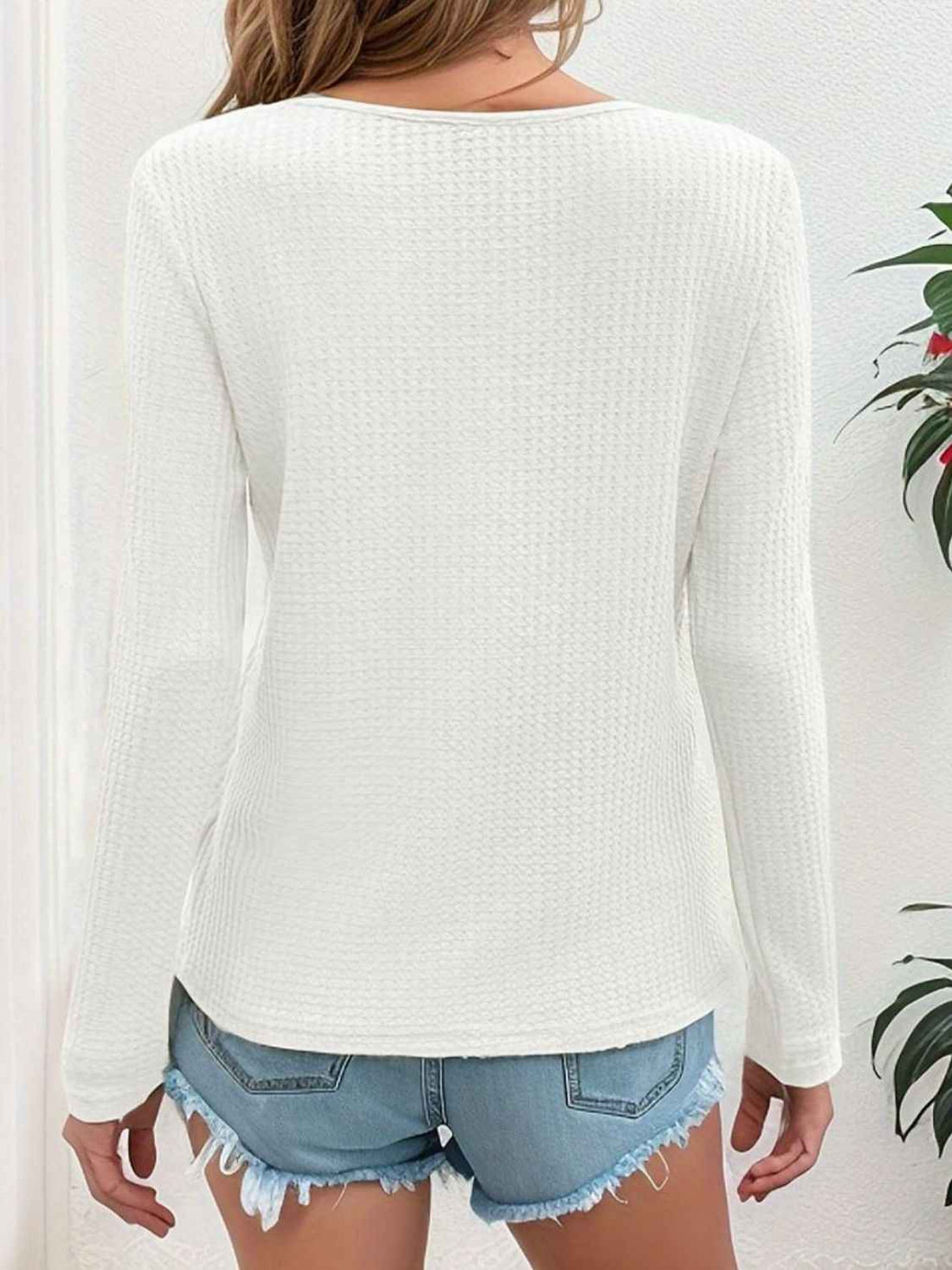 Waffle-Knit V-Neck Long Sleeve Top - Lojy Shop