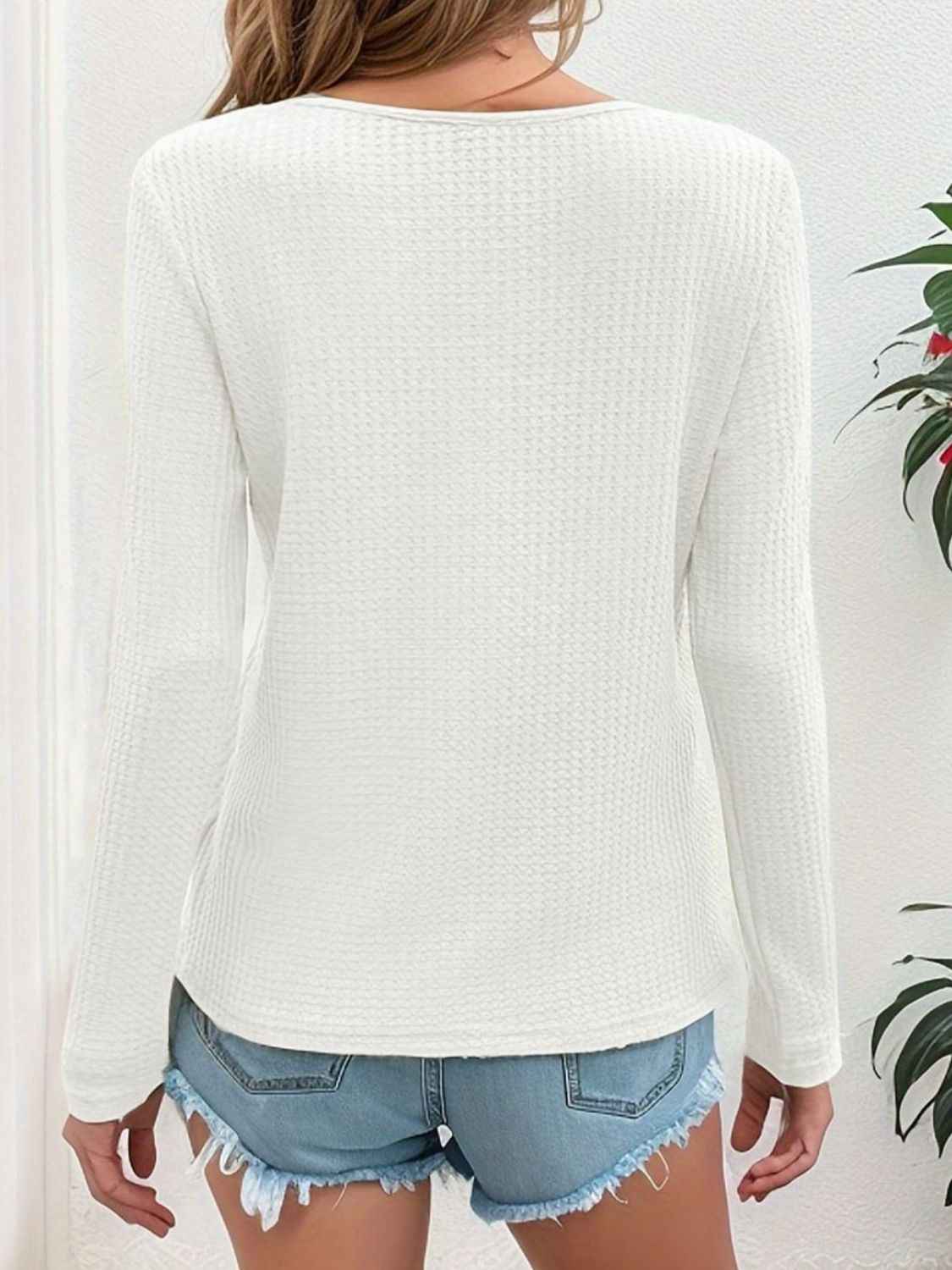 Waffle-Knit V-Neck Long Sleeve Top - Lojy Shop