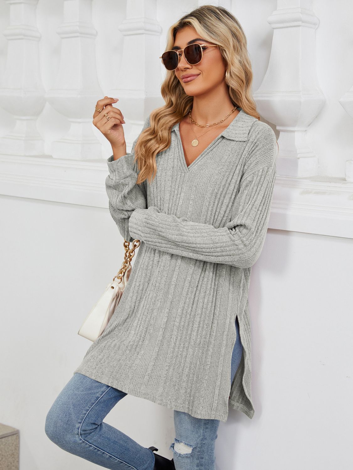 Slit Johnny Collar Long Sleeve T-Shirt - Lojy Shop