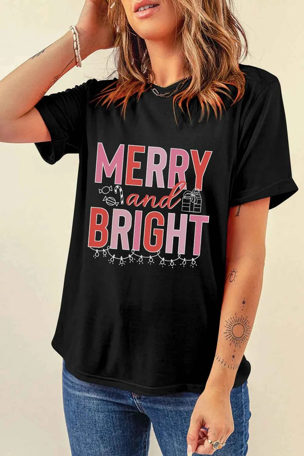 MERRY AND BRIGHT Round Neck Short Sleeve T-Shirt - Lojy Shop