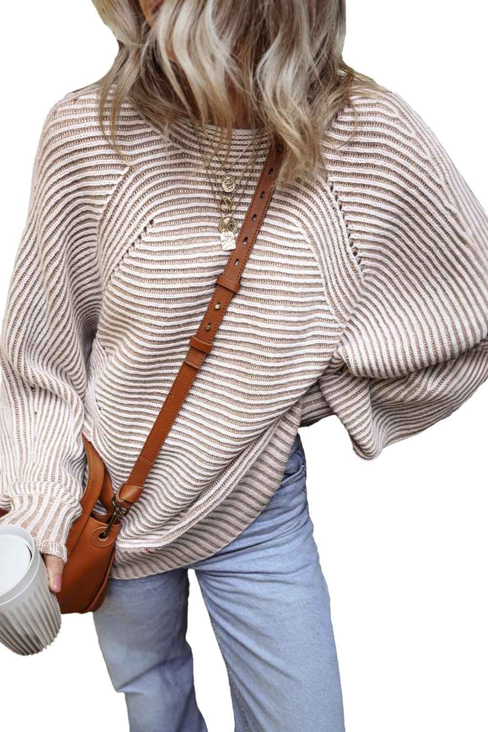 Textured Striped Round Neck Long Sleeve Top - Lojy Shop