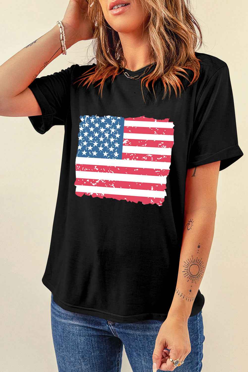 US Flag Round Neck Short Sleeve T-Shirt - Lojy Shop