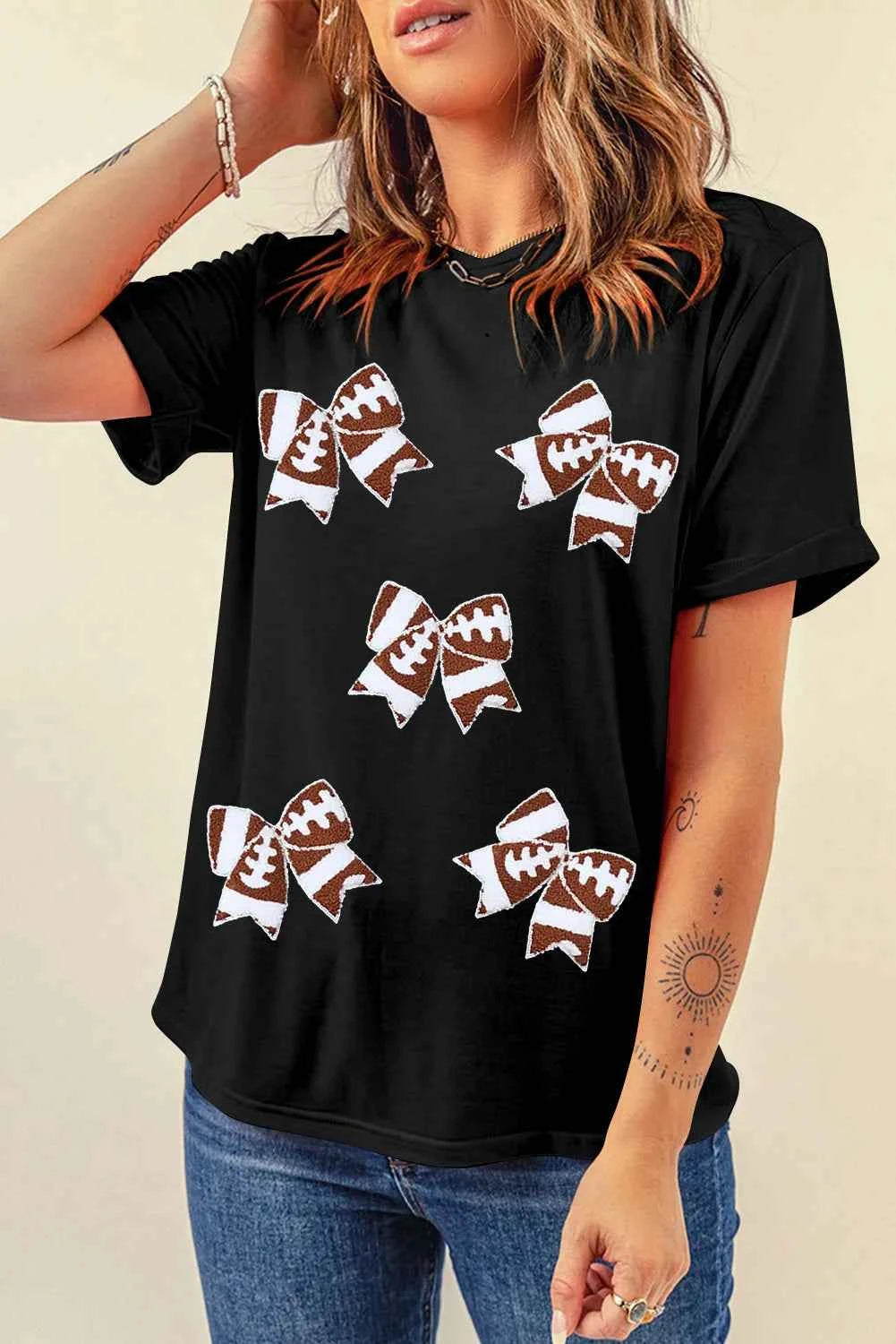 Bow Round Neck Short Sleeve T-Shirt - Lojy Shop