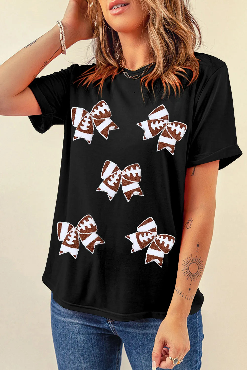 Bow Round Neck Short Sleeve T-Shirt - Lojy Shop
