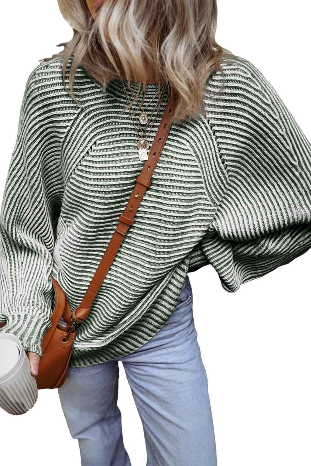 Textured Striped Round Neck Long Sleeve Top - Lojy Shop