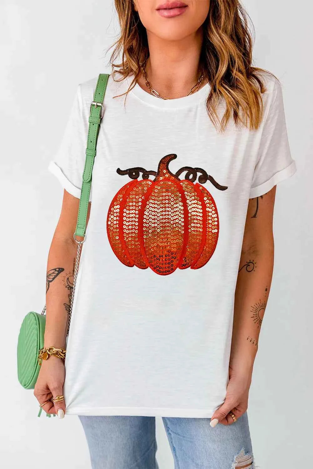 Full Size Sequin Pumpkin Round Neck Short Sleeve T-Shirt - Lojy Shop