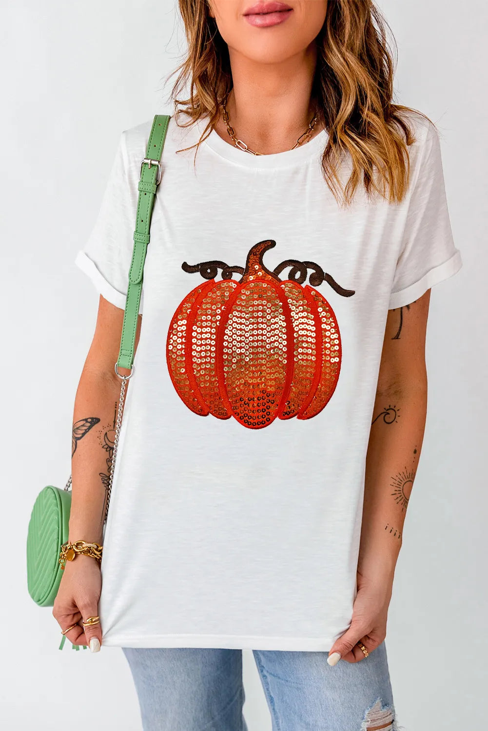 Full Size Sequin Pumpkin Round Neck Short Sleeve T-Shirt - Lojy Shop