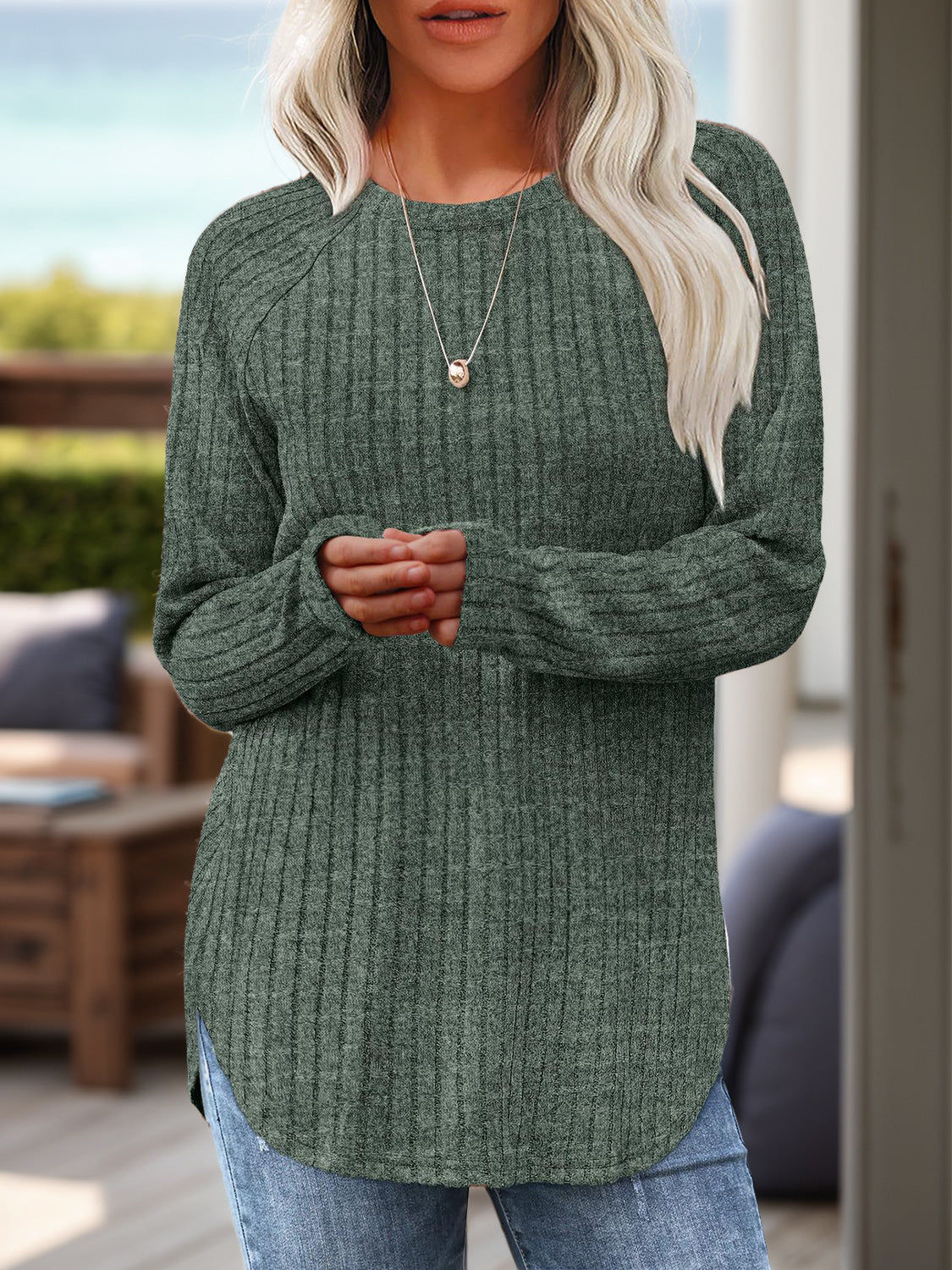 Round Neck Raglan Sleeve T-Shirt - Lojy Shop