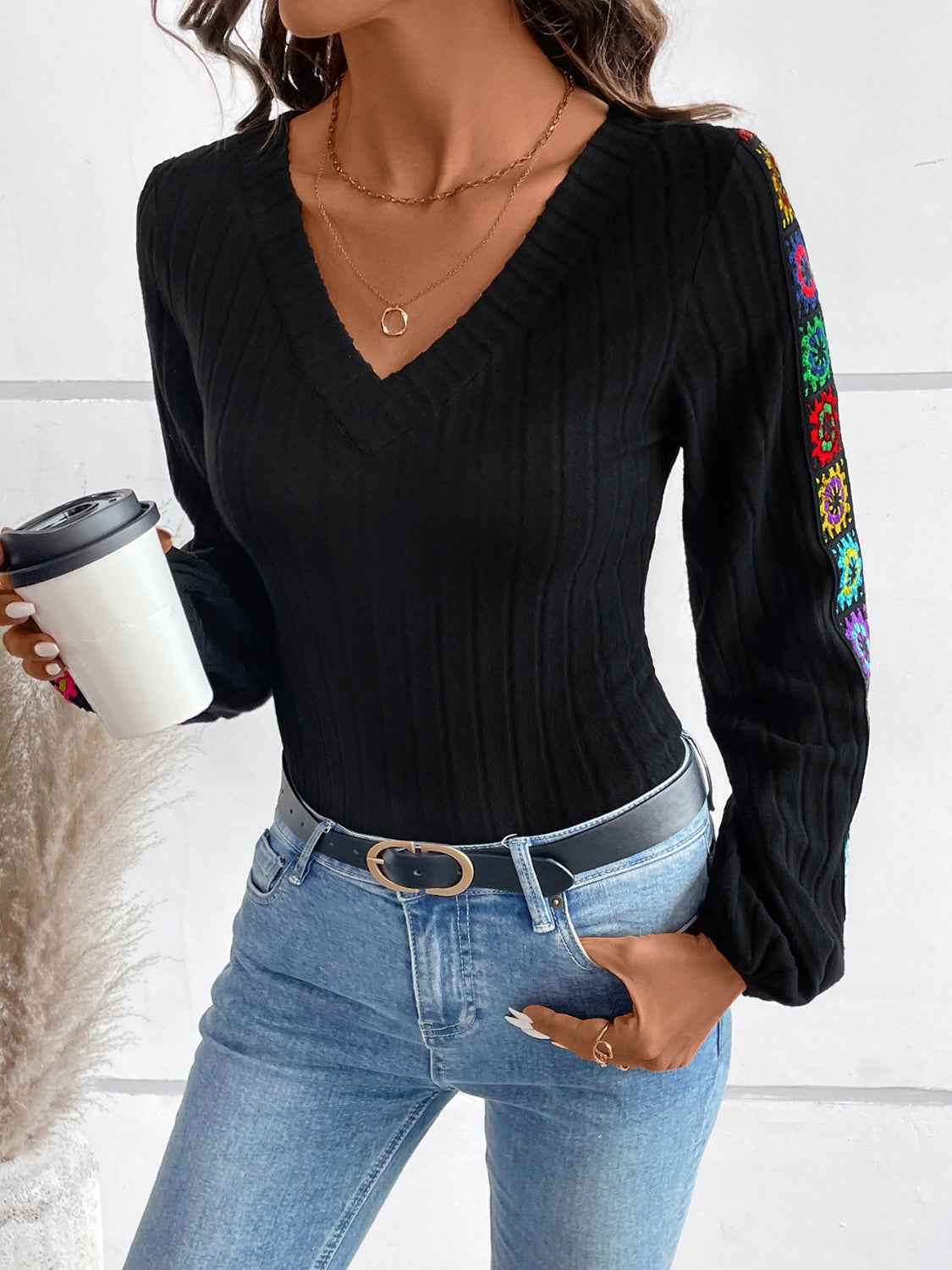 V-Neck Crochet Long Sleeve Top - Lojy Shop