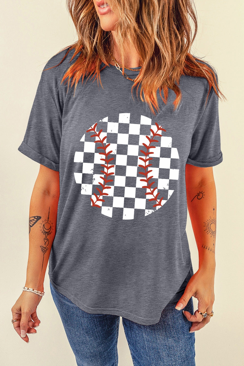 Checkered Graphic Round Neck Short Sleeve T-Shirt - Lojy Shop