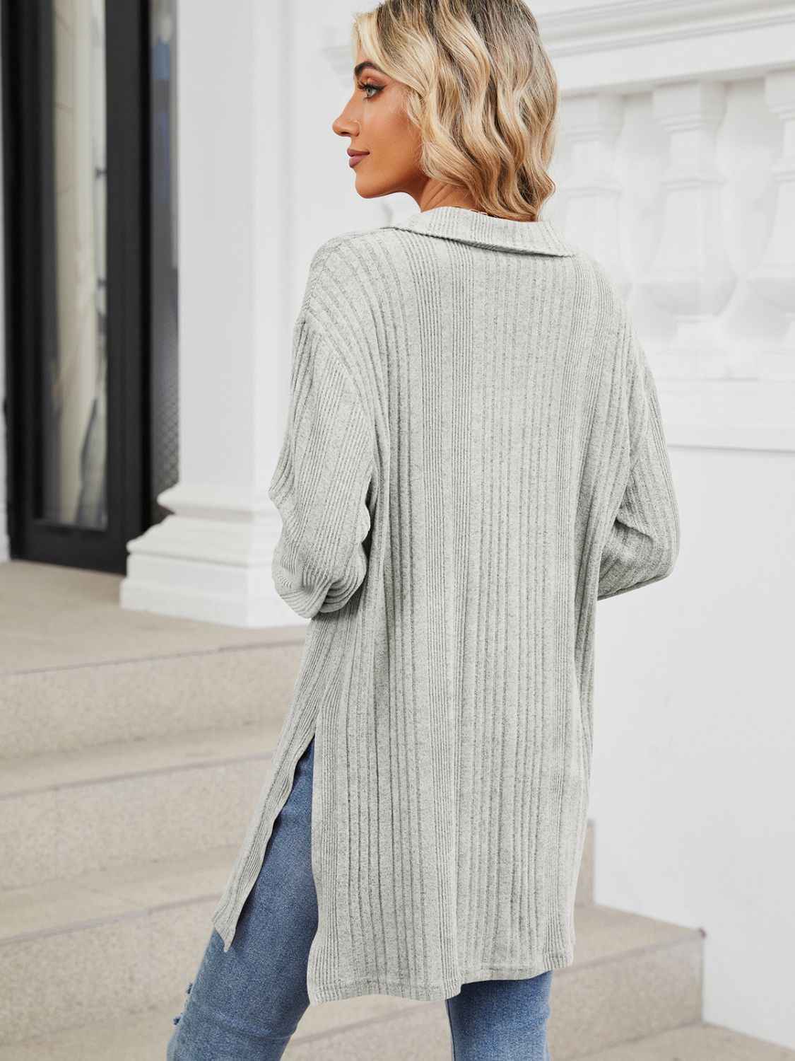 Slit Johnny Collar Long Sleeve T-Shirt - Lojy Shop