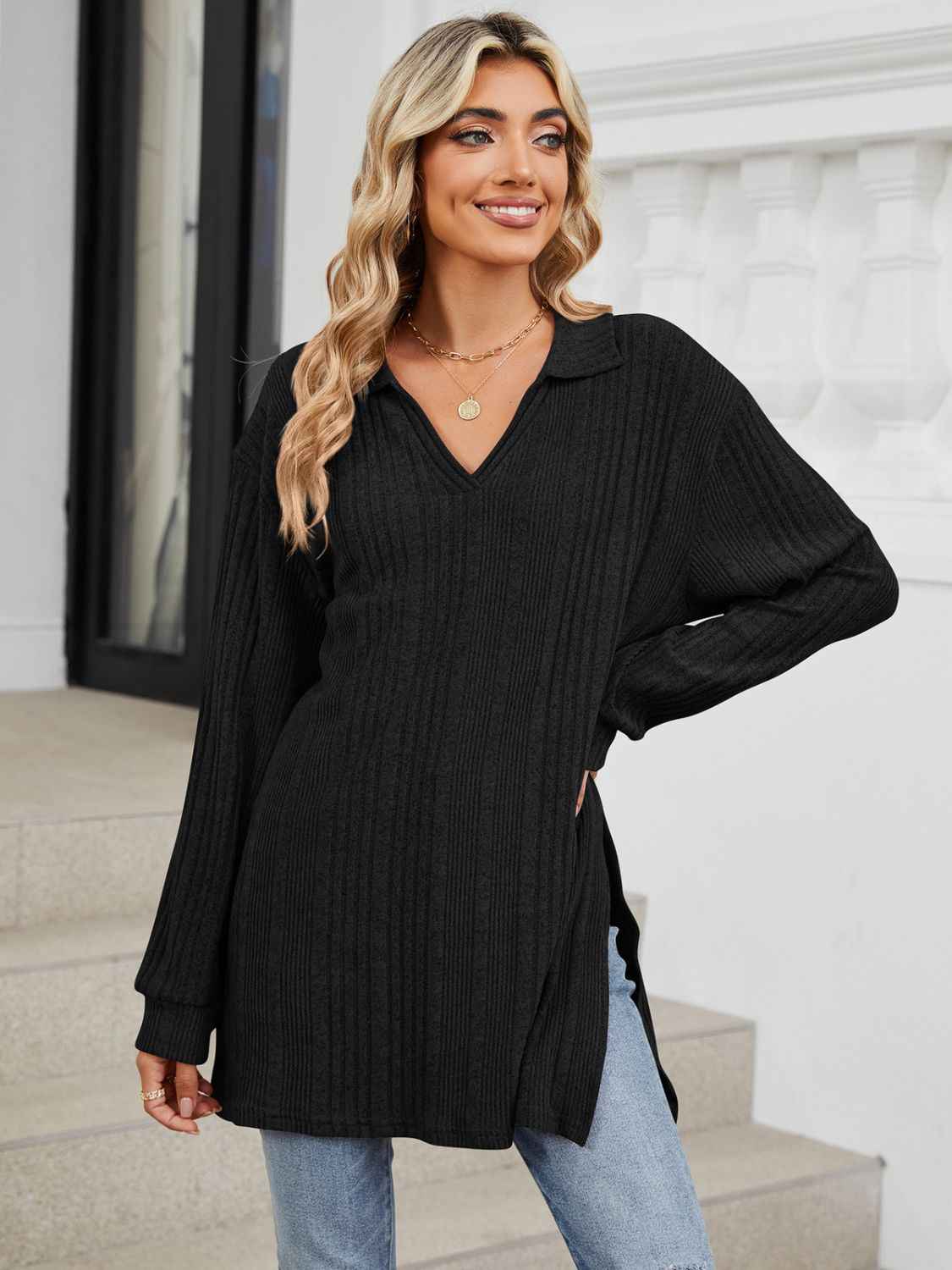 Slit Johnny Collar Long Sleeve T-Shirt - Lojy Shop
