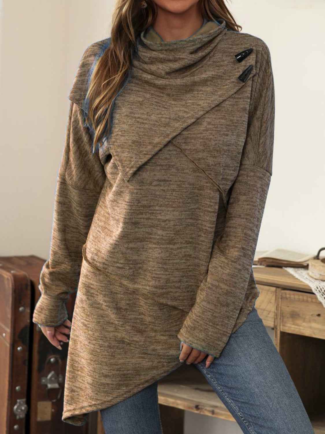 Asymmetrical Hem Cowl Neck Long Sleeve T-Shirt - Lojy Shop
