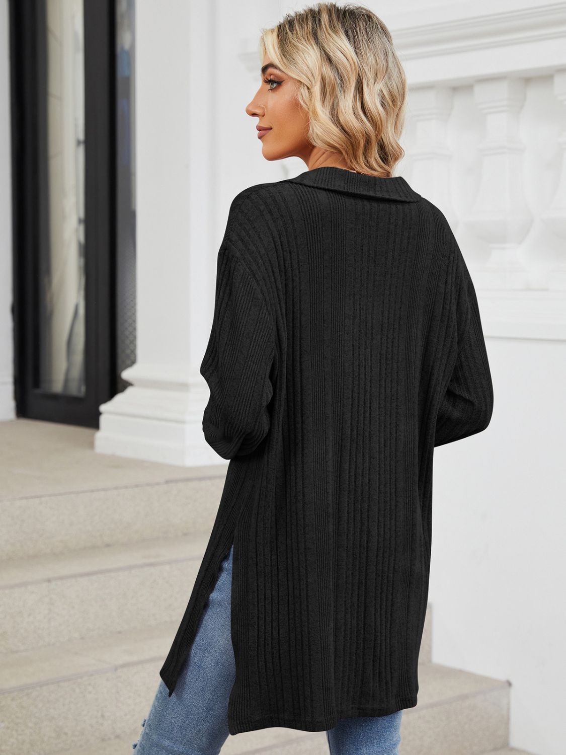 Slit Johnny Collar Long Sleeve T-Shirt - Lojy Shop