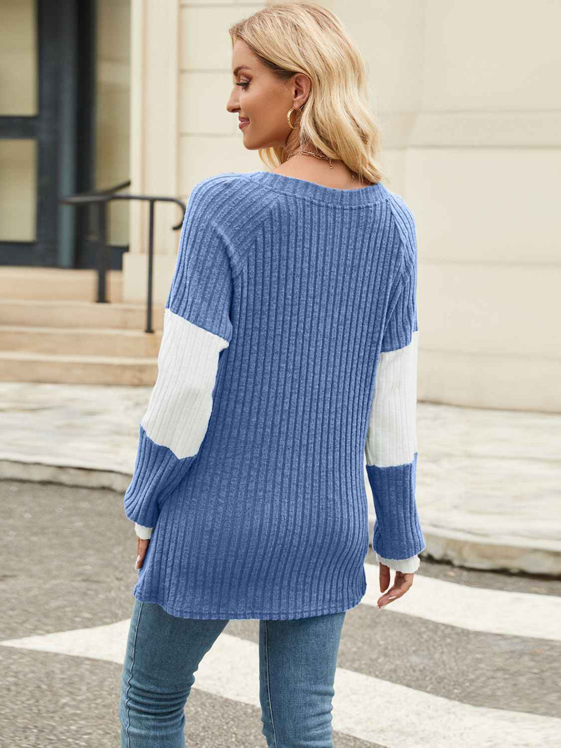 Color Block V-Neck Long Sleeve T-Shirt - Lojy Shop