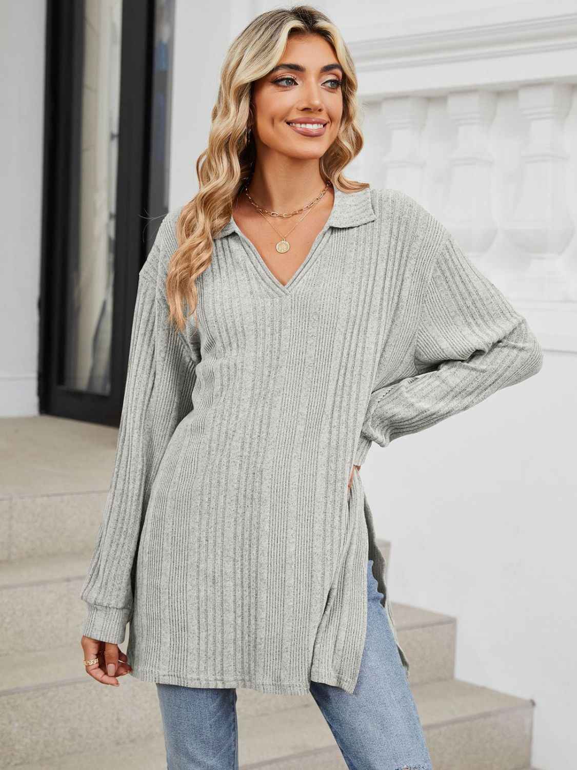 Slit Johnny Collar Long Sleeve T-Shirt - Lojy Shop