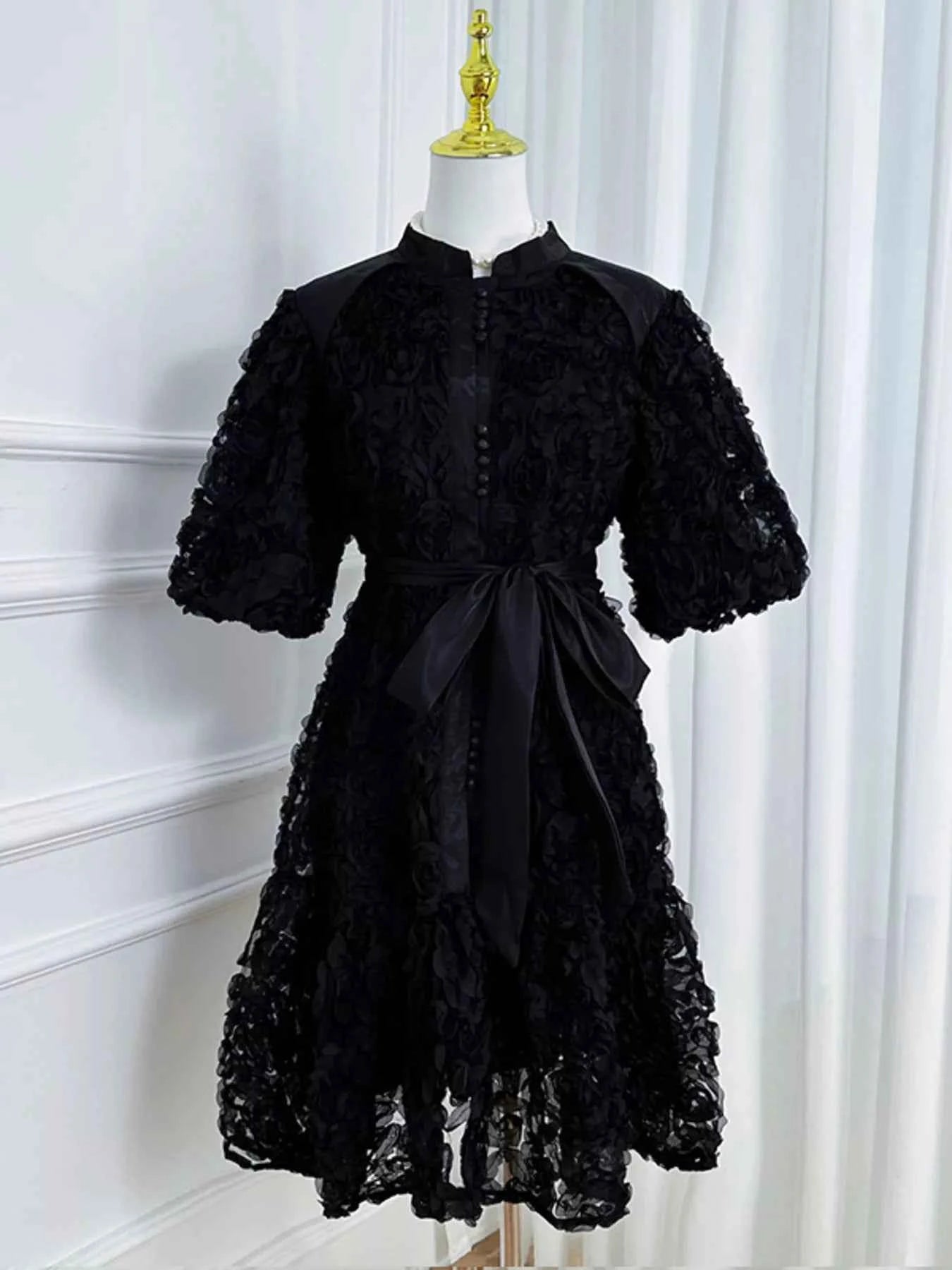 Flower Embellished Puff Sleeve Dress
