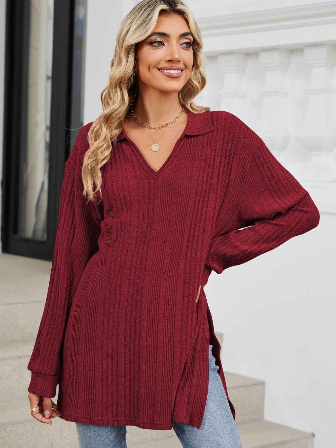 Slit Johnny Collar Long Sleeve T-Shirt - Lojy Shop