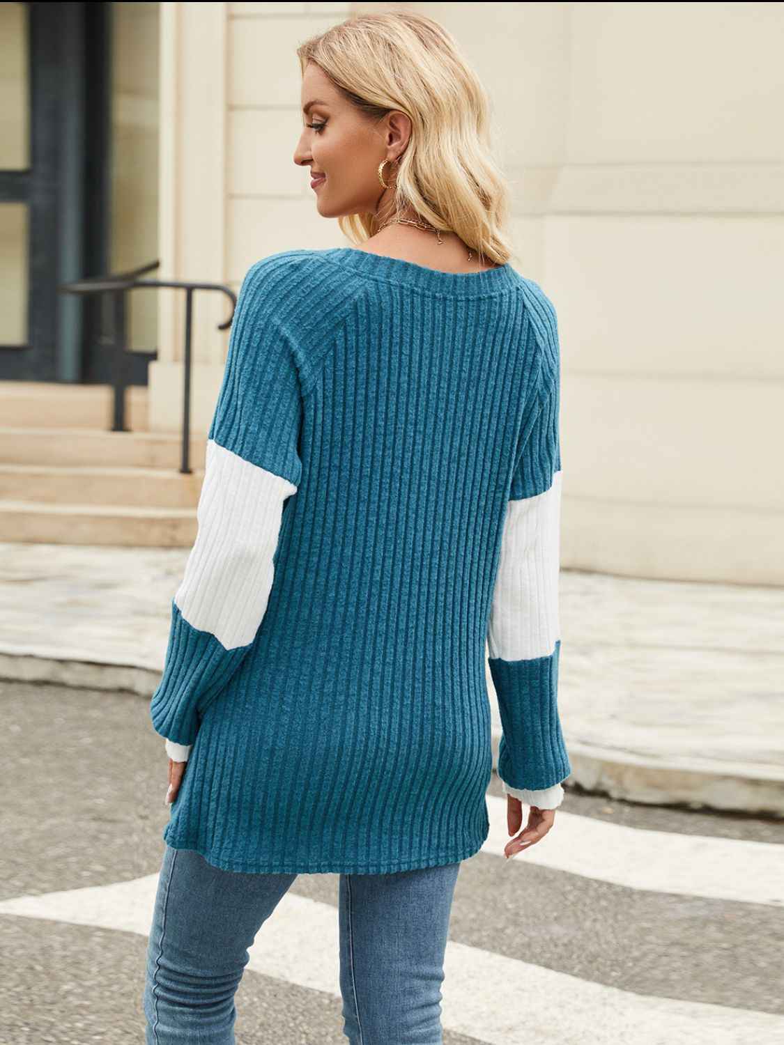Color Block V-Neck Long Sleeve T-Shirt - Lojy Shop