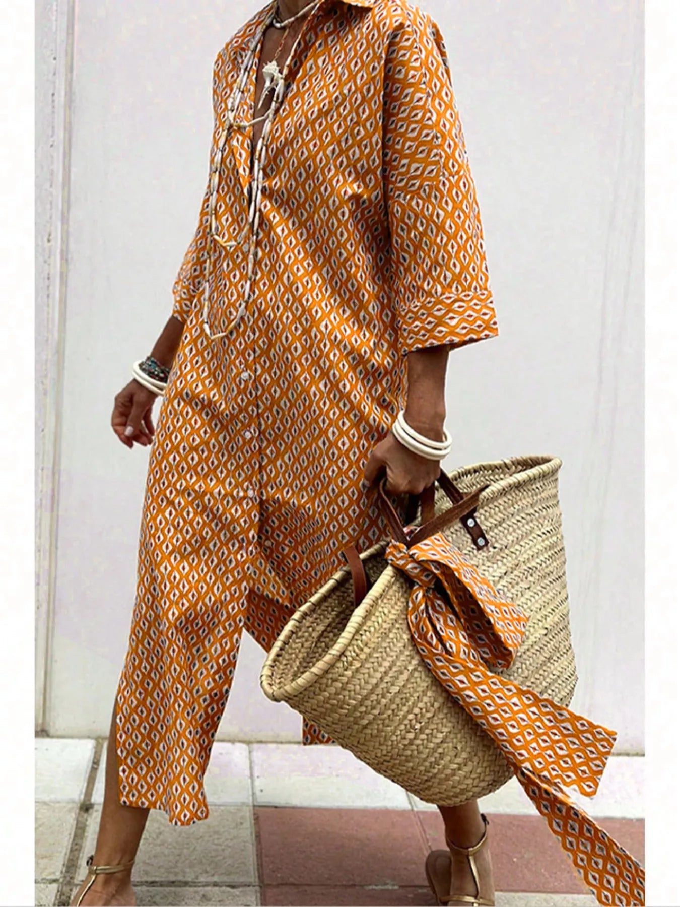 Full Size Printed Button-Down Midi Dress Plus Size