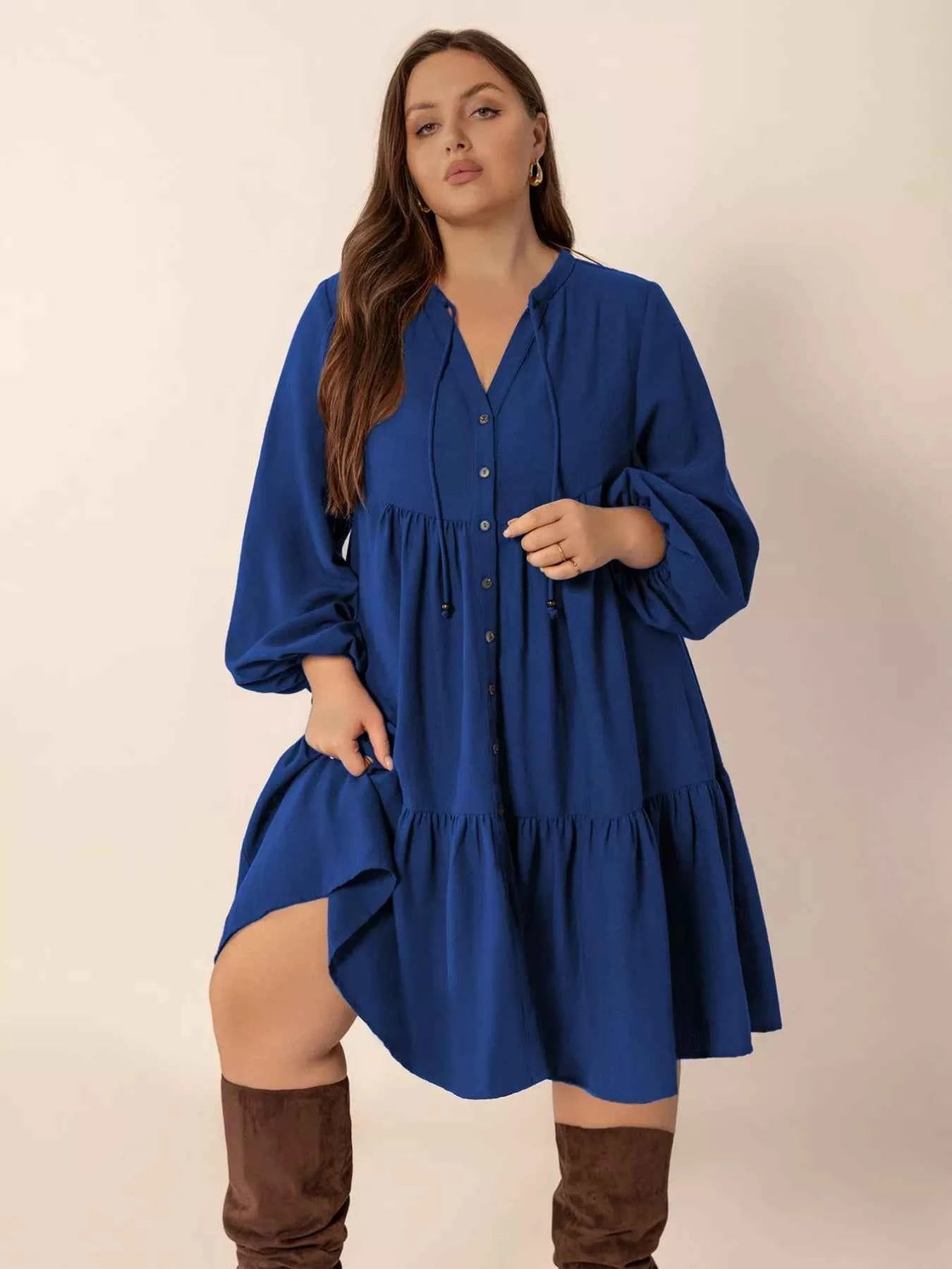 Plus Size Tie Neck Balloon Sleeve Dress