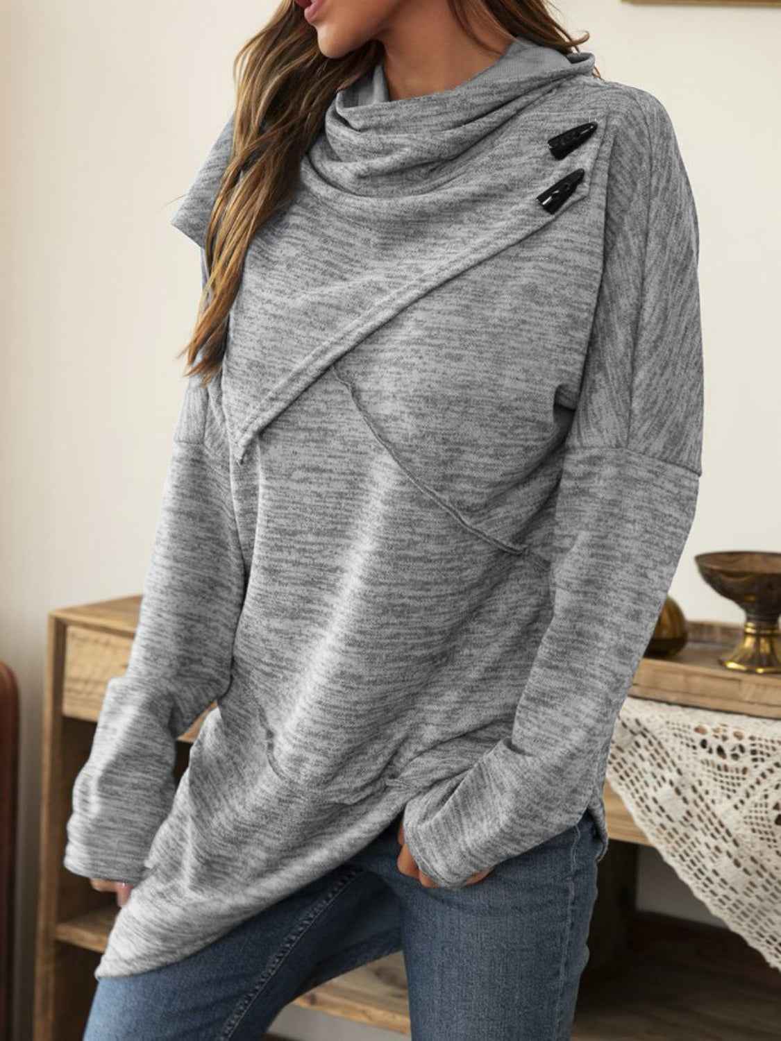 Asymmetrical Hem Cowl Neck Long Sleeve T-Shirt - Lojy Shop
