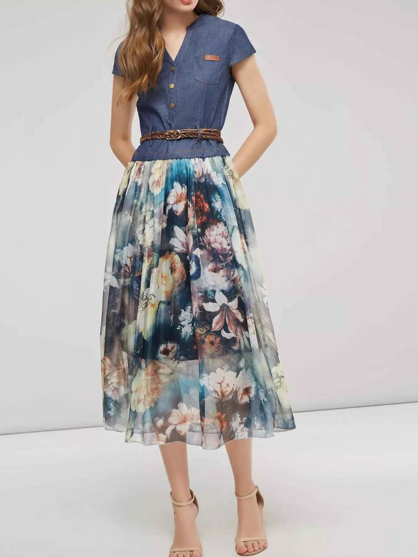 Full Size Patchwork Floral Print Chiffon Dress Plus Size